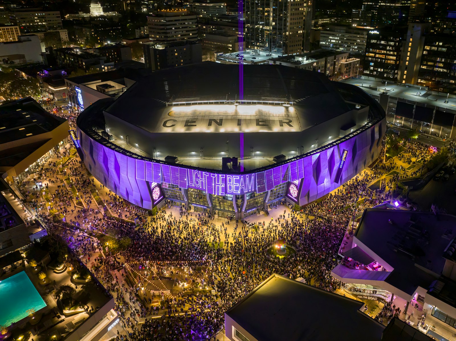 Aerial of a packed stadium at night